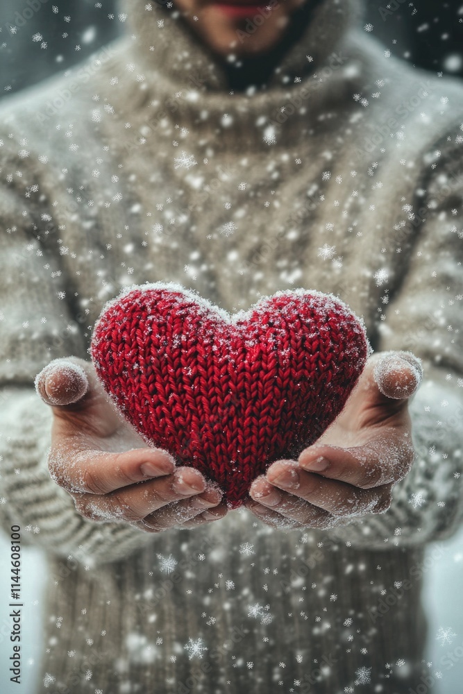hearts in a man's hands on a snowy background. Selective focus. hearts in a man's hands on a snowy background. Selective focus.