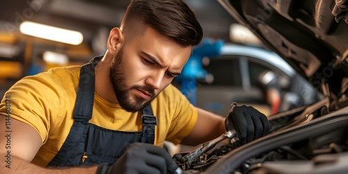 A mechanic working intently on a car engine in a garage, wearing gloves and looking focused on his task. Concept Car Engine Repair, Mechanic at Work, Focused Attention, Garage Environment photo