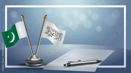 Pakistan and Afghanistan National flags on small table with bokeh background, cooperative relationship