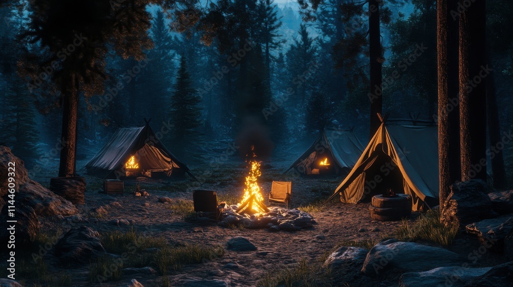 Serene Campfire Scene in a Luminous Forest, Illuminated Tents Surrounding a Warm Fire, Inviting Outdoor Adventure and Tranquil Nature Escape at Night Serene Campfire Scene in a Luminous Forest, Illuminated Tents Surrounding a Warm Fire, Inviting Outdoor Adventure and Tranquil Nature Escape at Night
