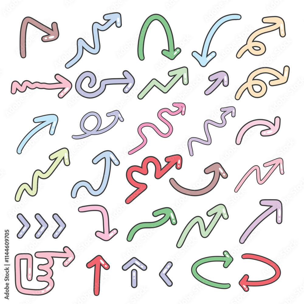 Arrows, hand drawn vector arrow set, pastel cartoon Arrows, hand drawn vector arrow set, pastel cartoon