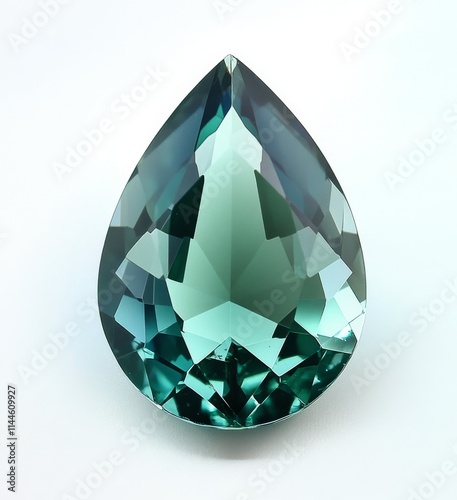 Sparkling teal gemstone in a tear drop shape illuminated by soft light showin...