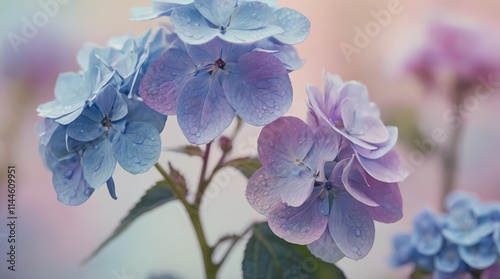 Primer plano de delicadas flores de hortensia azul photo