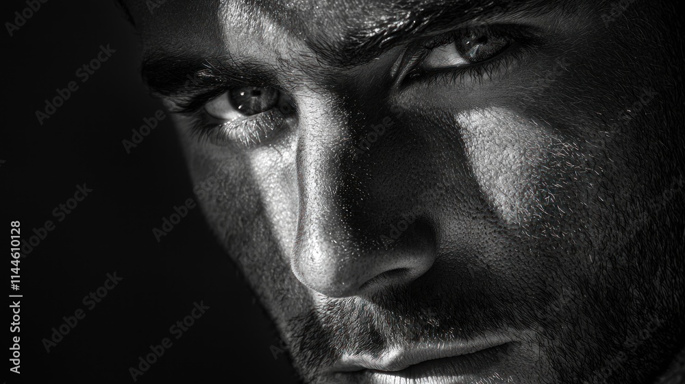 A dramatic black-and-white portrait with intense shadows and highlights on the subject’s face. A dramatic black-and-white portrait with intense shadows and highlights on the subject’s face.