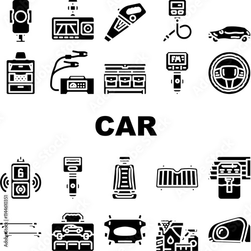 car accessories floor mats seat icons set vector. covers, dashcam gps, roof rack spoiler, tint rims, subwoofer, charger, organizer car accessories floor mats seat glyph pictogram Illustrations