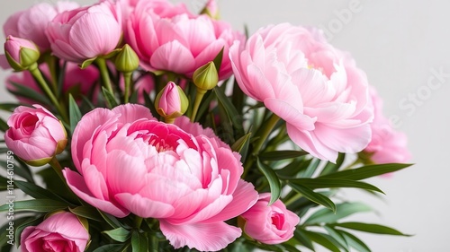 Fototapeta Naklejka Na Ścianę i Meble -  A beautiful arrangement of fresh pink peonies and roses with space for text, pink, feminine, spring