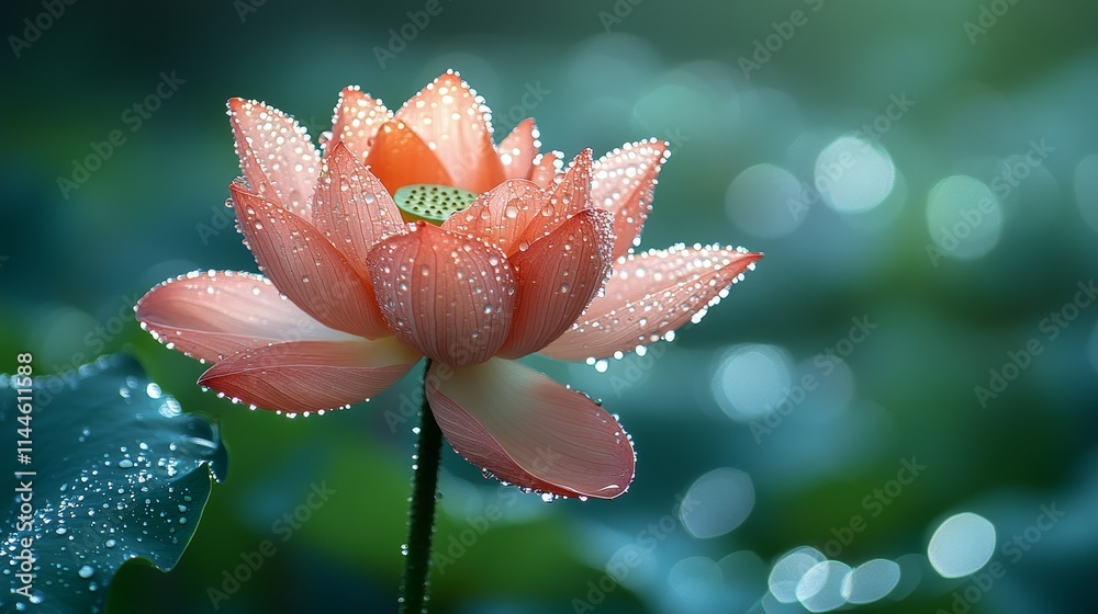 Fototapeta premium Pink lotus flower with dewdrops in sunlight