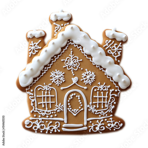 A Gingerbread House With White Icing And Snowflakes, A Christmas Cookie Isolated On A Transparent Background