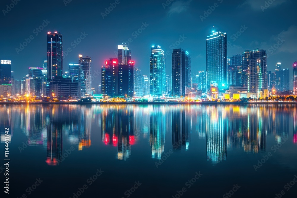 Fototapeta premium Vibrant Nighttime Cityscape with Reflective Waters