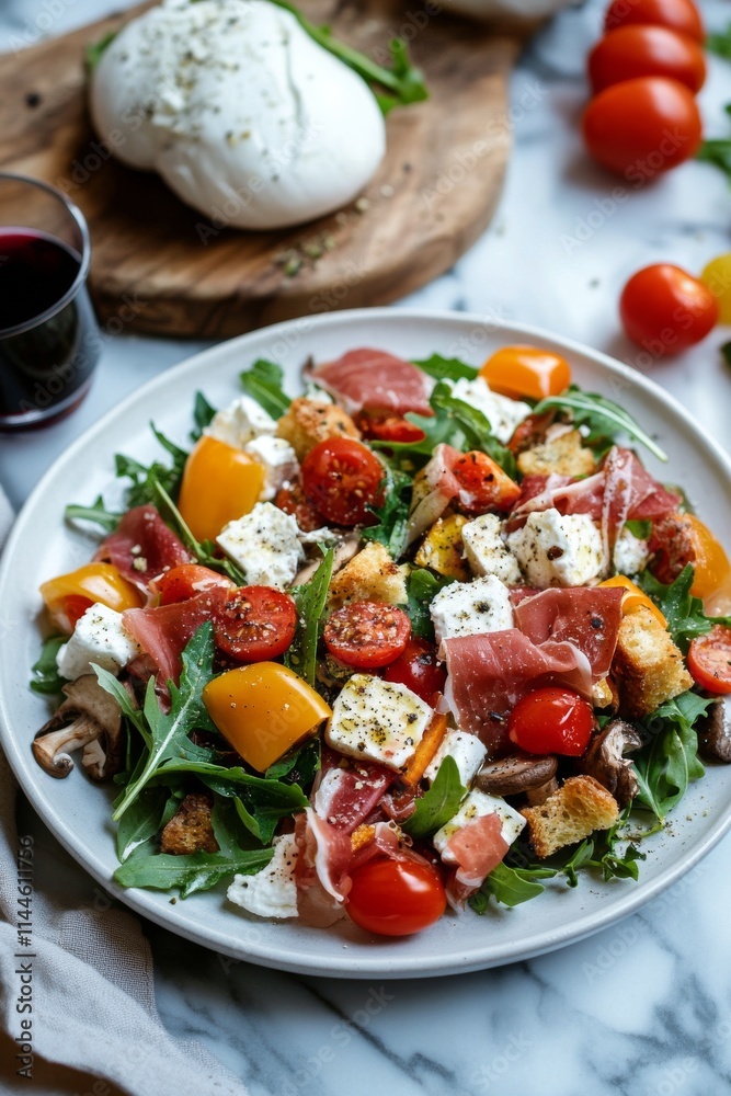 Colorful salad with fresh vegetables, prosciutto, mozzarella, and a glass of red wine served on a marble table