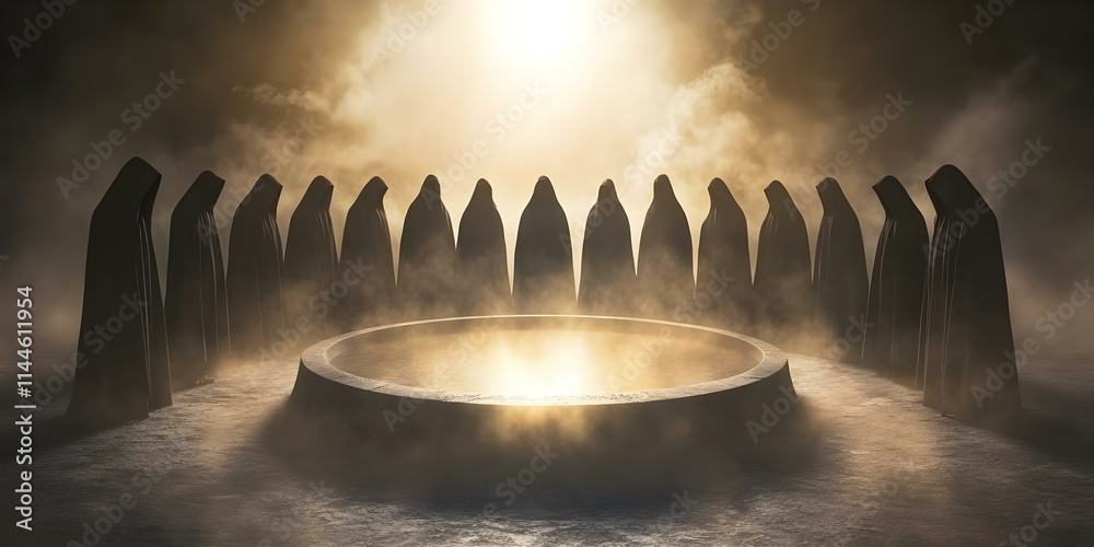 Obraz premium A dark, hooded figure surrounded by others, standing in a circle around a glowing stone altar in a mystical setting. Concept Mystical Ritual, Enigmatic Figure, Glowing Stone Altar, Circle of Shadows