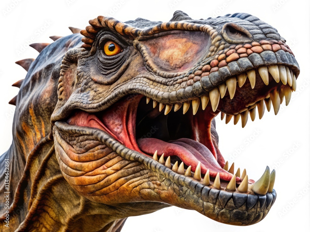 T-Rex Head Action Shot: Powerful Side Profile, Open Jaws, Isolated T-Rex Head Action Shot: Powerful Side Profile, Open Jaws, Isolated