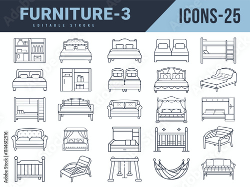 Furniture Icons sat. Vector illustration in modern thin line style of furniture icons.Editable stroke.