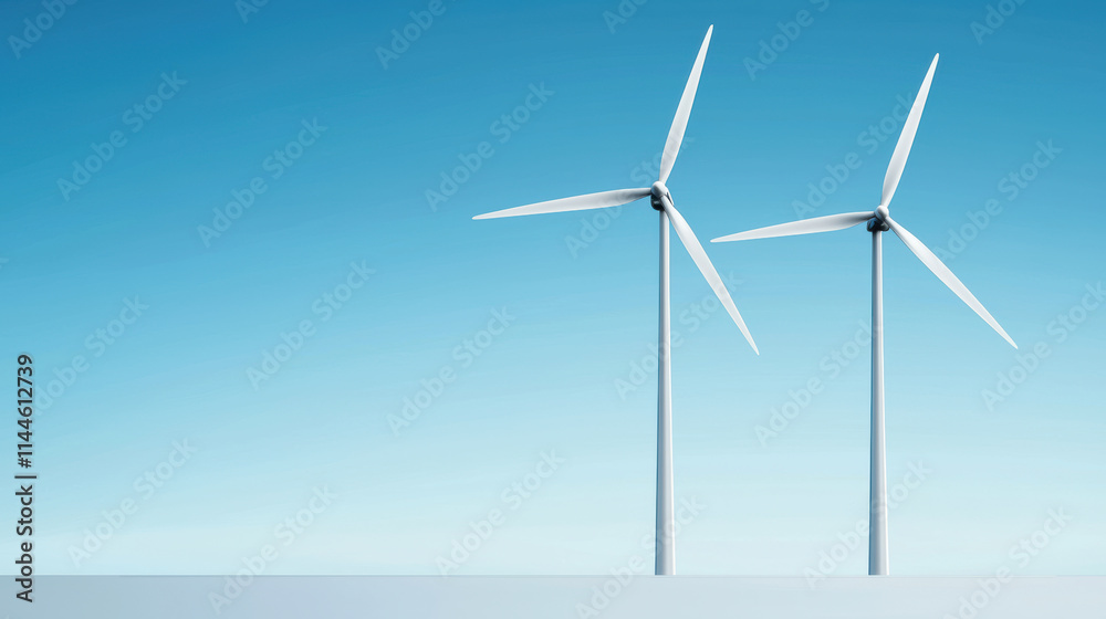 Two wind turbines against clear blue sky, symbolizing renewable energy Two wind turbines against clear blue sky, symbolizing renewable energy