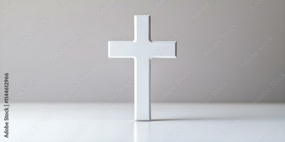 A simple white cross against a light gray background, standing on a flat surface. Concept Simple White Cross, Light Gray Background, Minimalist Design, Flat Surface Display, Spiritual Symbol A simple white cross against a light gray background, standing on a flat surface. Concept Simple White Cross, Light Gray Background, Minimalist Design, Flat Surface Display, Spiritual Symbol