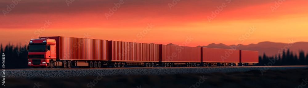 Transport truck with long cargo containers at sunset Transport truck with long cargo containers at sunset