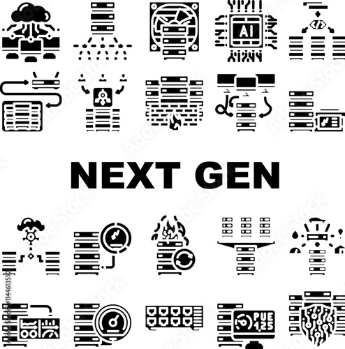 next gen data center virtual icons set vector. automation scalability, efficiency sustainability, cloud, edge, ai, iot, security next gen data center virtual glyph pictogram Illustrations