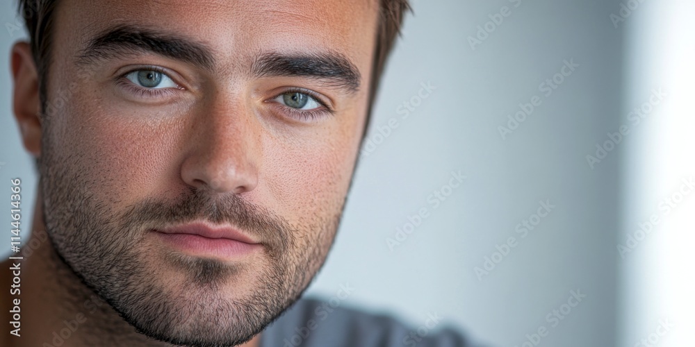 Fototapeta premium A close-up portrait of a young man with striking blue eyes and a thoughtful expression. The image radiates confidence and serenity. Perfect for lifestyle and personal development themes. AI