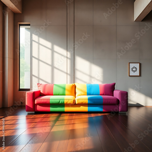 A serene and modern living room with a minimalist aesthetic, featuring a vibrant, multicolored sofa as the central focal point photo