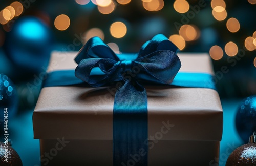 Festive gift wrapped in elegant teal ribbon sits in front of shimmering bokeh...