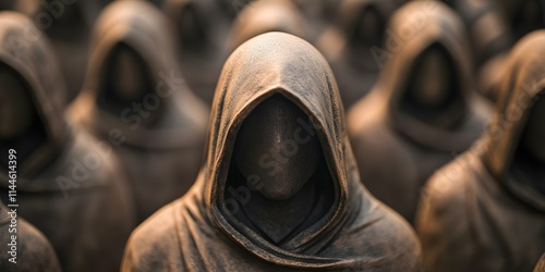 A group of hooded figures with featureless faces, creating an eerie and mysterious atmosphere. Concept Hooded Figures, Eerie Atmosphere, Mysterious Vibes, Featureless Faces, Dark Aesthetics photo