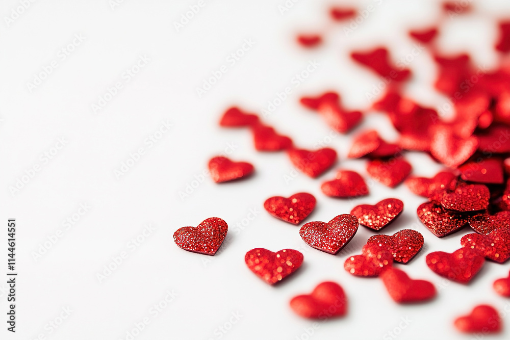 Red heart-shaped decorations scattered on a white background for romantic occasions and celebrations
