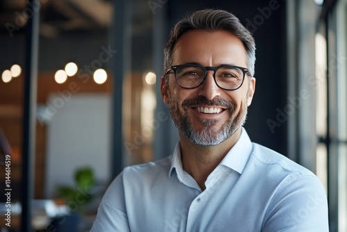 Confident Businessman Smiling in Modern Office Setting