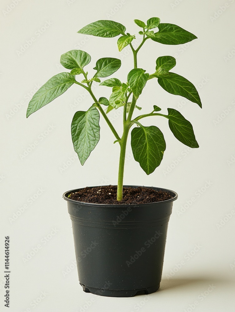 Young tomato plant grows in terracotta pot against minimalist background in bright indoor setting during Young tomato plant grows in terracotta pot against minimalist background in bright indoor setting during