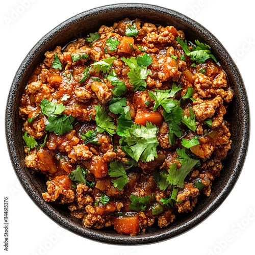 Top view of Keema Curry in a dark bowl isolated on a white transparent background