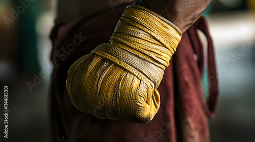 A close-up of wrapped fists and traditional hand wraps, symbolizing the preparation and discipline of Muay Thai  photo