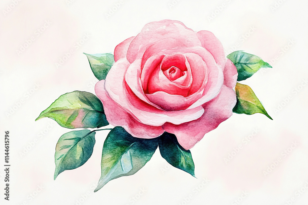 Fototapeta premium Delicate pink rose with green leaves depicted in soft watercolor style on a light background