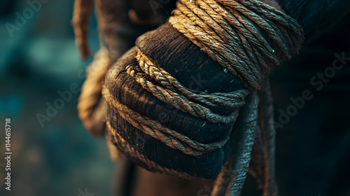 A close-up of wrapped fists and traditional hand wraps, symbolizing the preparation and discipline of Muay Thai  photo