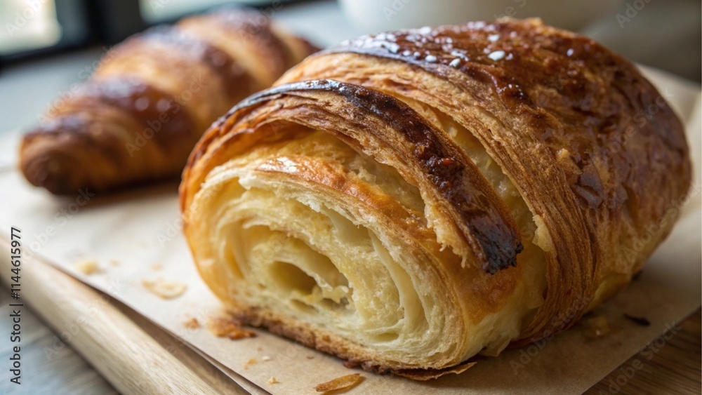 A macro shot of a perfectly baked croissant, showcasing its flaky layers and golden-brown crust A macro shot of a perfectly baked croissant, showcasing its flaky layers and golden-brown crust