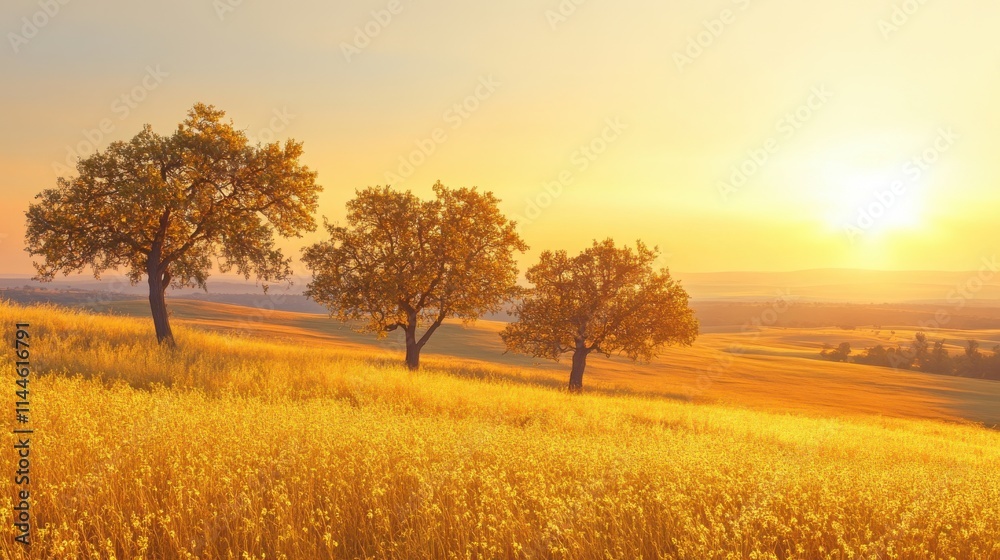 Golden Sunrise Over Rolling Fields with Isolated Trees Illuminated by Warm Light in a Serene Natural Landscape Scene Golden Sunrise Over Rolling Fields with Isolated Trees Illuminated by Warm Light in a Serene Natural Landscape Scene