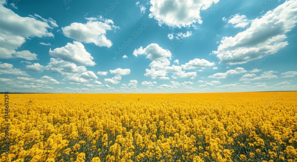 Vibrant yellow flower field under a bright blue sky with fluffy white clouds during midday sunlight Vibrant yellow flower field under a bright blue sky with fluffy white clouds during midday sunlight
