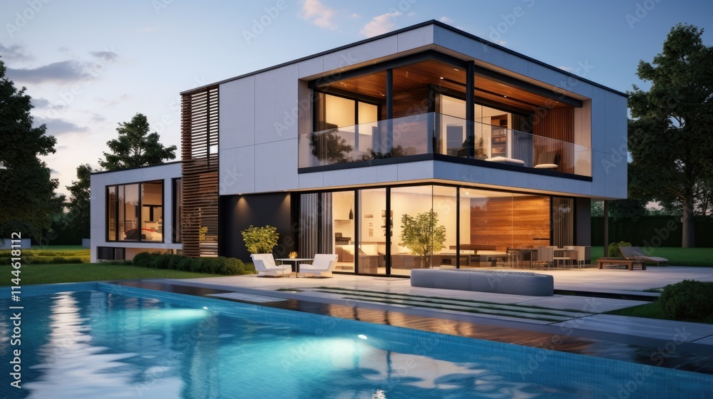 A modern house with sleek architecture, glass panels, and warm wooden accents overlooking a serene pool and lush green landscape. Perfect for real estate or luxury living promotions A modern house with sleek architecture, glass panels, and warm wooden accents overlooking a serene pool and lush green landscape. Perfect for real estate or luxury living promotions