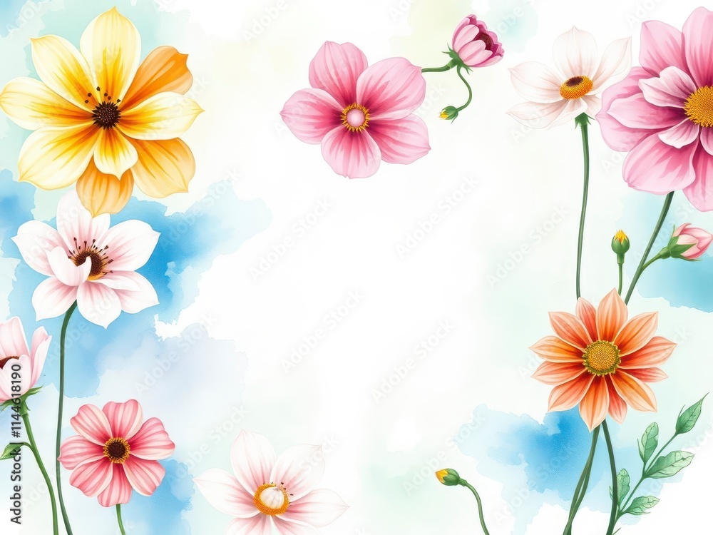 Obraz premium Colorful watercolor illustration of various flowers including roses, daisies, and tulips on a white background, flowers, painting, botanical