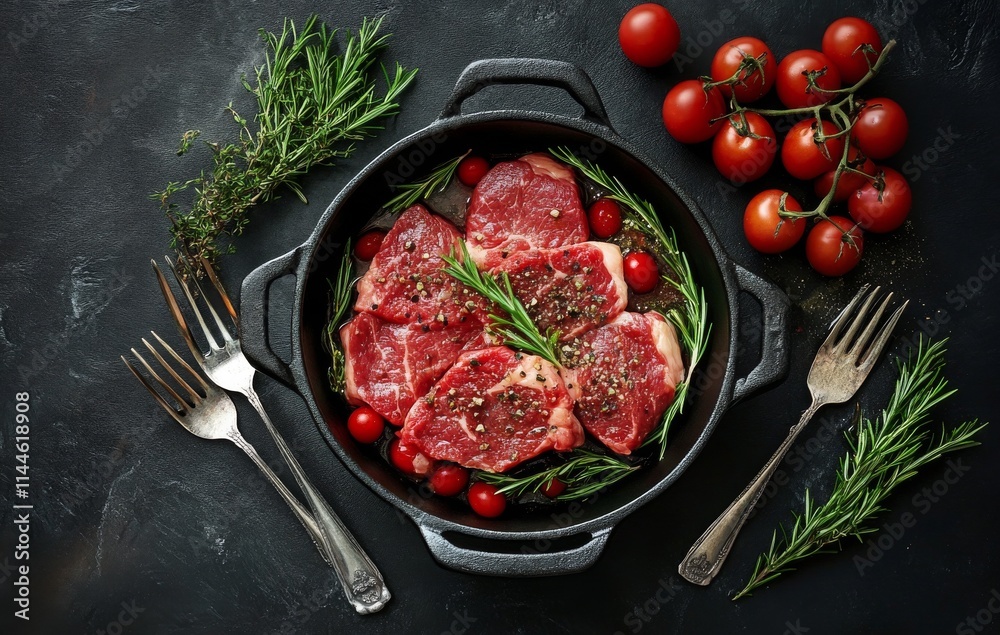 Freshly prepared beef cuts with rosemary and cherry tomatoes on a dark textured surface ready for cooking Freshly prepared beef cuts with rosemary and cherry tomatoes on a dark textured surface ready for cooking