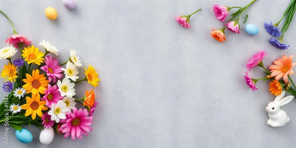 Easter eggs, bunnies and flowers arranged on grey concrete background, holiday, eggs Easter eggs, bunnies and flowers arranged on grey concrete background, holiday, eggs