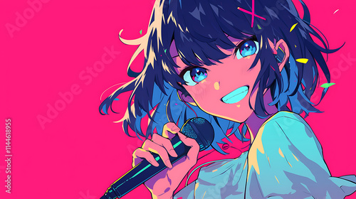 A vibrant illustration of a girl singing into a microphone with a colorful background.