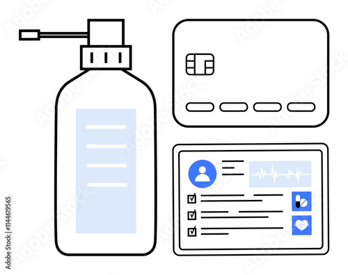 Sanitizer bottle, credit card, health app on tablet with profile, ECG, checklists, heart symbol. Ideal for health, finance security hygiene medical technology and daily routines. Line metaphor