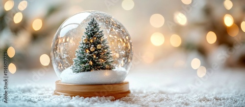 Christmas decorations featuring a small tree with lights and a snow globe fil...