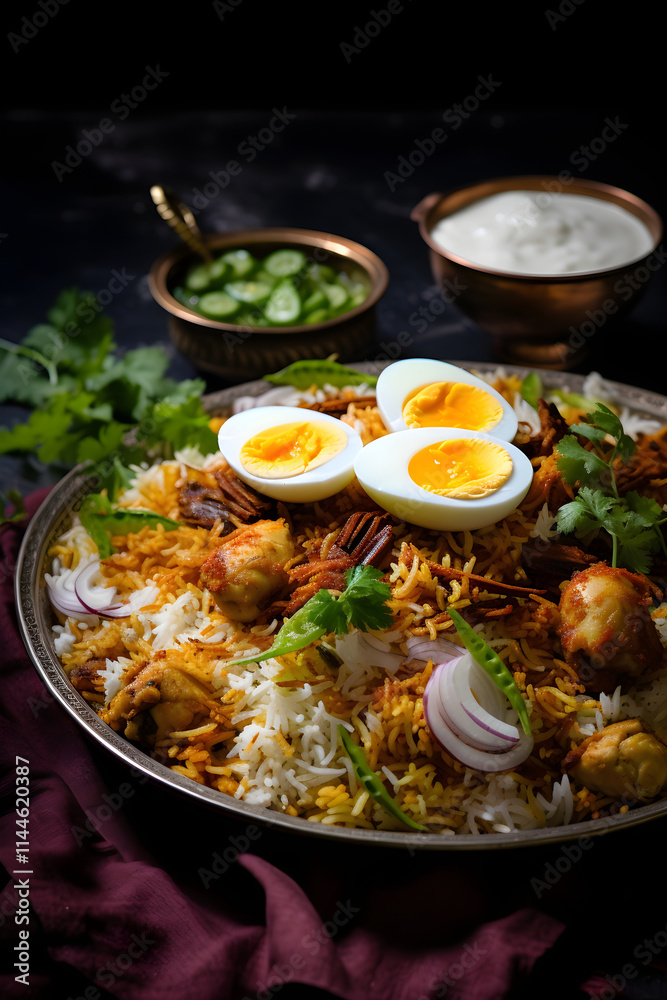 Authentic Indian Biryani Served with Raita and Garnished with Fresh Mint Leaves and Boiled Eggs Authentic Indian Biryani Served with Raita and Garnished with Fresh Mint Leaves and Boiled Eggs