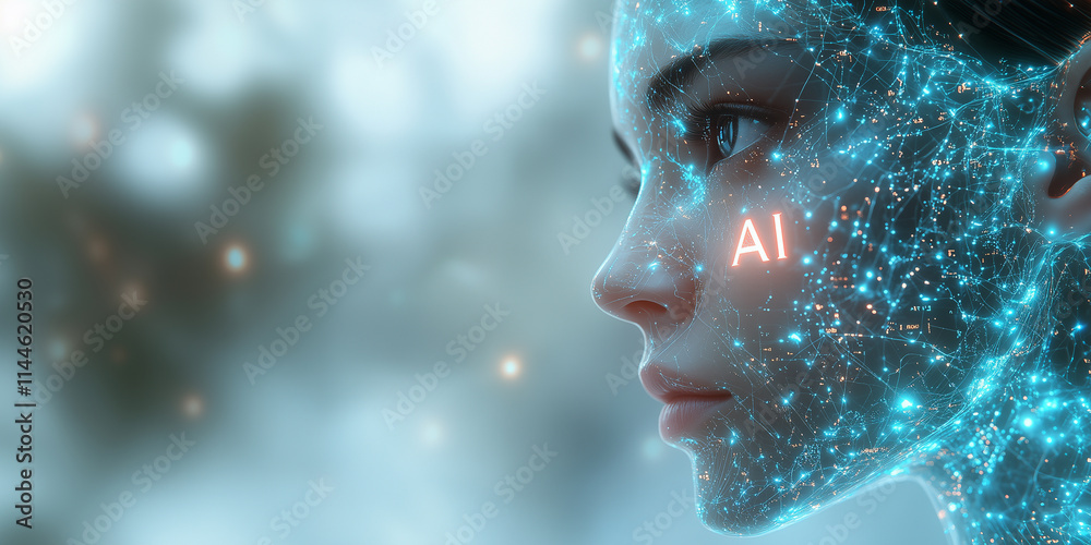 Cybernetic Robot Skull with Glowing AI Letters Cybernetic Robot Skull with Glowing AI Letters