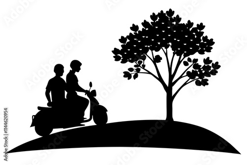 couple riding a scooter on a white background.