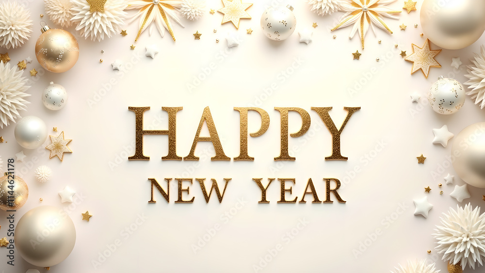 Happy New Year Celebration Background with Ornaments. Concept of New Year, Holiday, and Celebration. Happy New Year Celebration Background with Ornaments. Concept of New Year, Holiday, and Celebration.