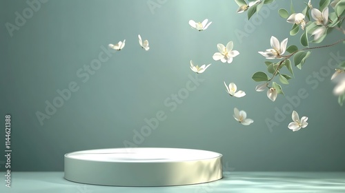 Round Mockup Platform Calmly Displays With Blossoms 3D Render Minimalist. AI Generated photo