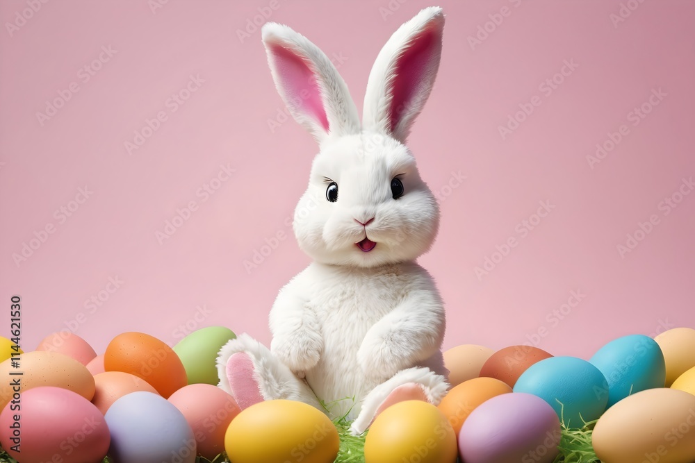 Bunny with Easter eggs against a pink background with copy space, perfect for festive design