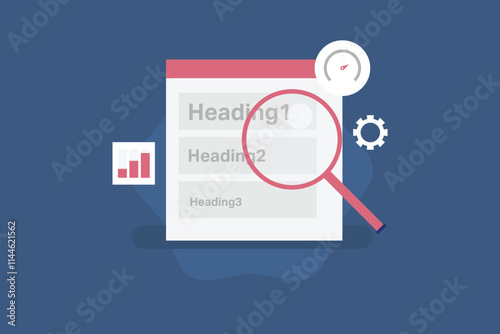 SEO Heading for website data structure, Website header for content optimization, SEO header optimization, Website header tags. Vector illustration concept.