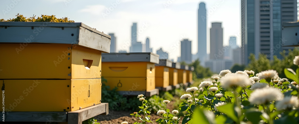 Fototapeta premium Cityscape Honey: Urban beehives thrive amidst towering skyscrapers, a testament to nature's resilience.
